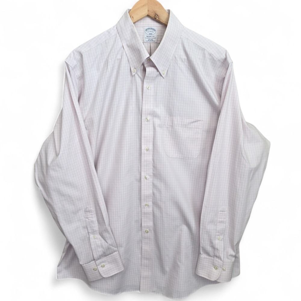Brooks Brothers Dress Shirt Mens 17 4/5 Pink Blue Button Down Regent Fit No Iron